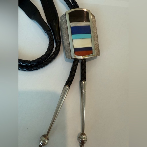 Tony Sanchez Sterling Silver Inlay Bolo Tie Turquoise Lapis Coral - Picture 4 of 5